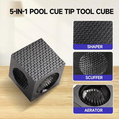GSE Games & Sports Expert Billiard Pool Cue Tip Tool, Stick Scuffer/Shaper/Aerator/Joint Protector Tool, Billiard Accessories - style: Black 5-in-1 Cube Tool