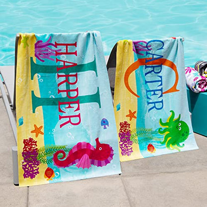 Let's Make Memories Personalized Kids Beach Towel - Custom Pool Towel - Monogram & Name with Fun Beach Designs - Soft Cotton/Poly Blend - 70"x35" - Oversized - Crab - color: Name + Initial - Crab, size: Oversized