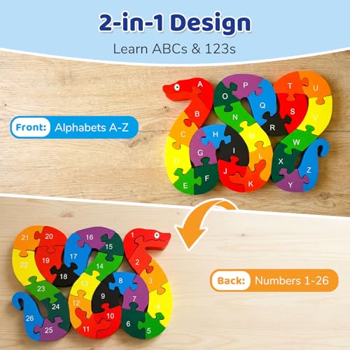 LovesTown Wooden Puzzles for Kids, Double Sided Snake Jigsaw with Alphabet & Numbers, Montessori Educational Toy for Toddlers, Chunky Animal Gift - size: Medium, style: Snake