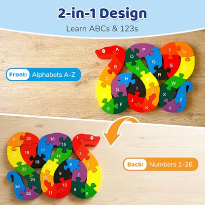 LovesTown Wooden Puzzles for Kids, Double Sided Snake Jigsaw with Alphabet & Numbers, Montessori Educational Toy for Toddlers, Chunky Animal Gift - size: Medium, style: Snake