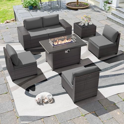 7 PCS Outdoor Patio Furniture Set,Outdoor Sectional Furniture with 43" 55000 BTU Gas Propane Fire Pit Table,All Weather PE Rattan Wicker Patio Conversation Set,Grey - color: Grey, size: 7 High Backrest w/Fire Pit