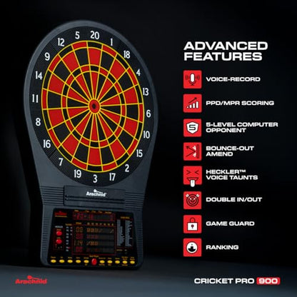 Arachnid Cricket Pro 900 Electronic Dartboard – 15.5” Regulation Size, 48 Games with 354 Variations, 8‑Player LED Scoring, Cricket X/O Display, NylonTough™ Segments