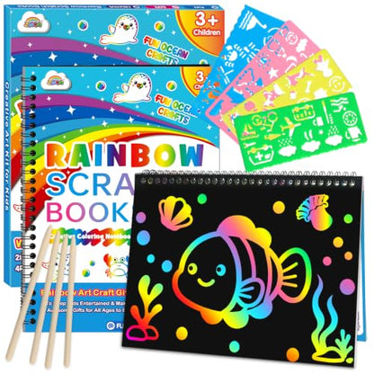 ZMLM Scratch Paper Art Craft: 2 Pack Rainbow Scratch Set for 3 4 5 6 7 8 9 10 Years Old Girls Boys Students Drawing Coloring Black Magic Art Supplies Kits Gifts School Birthday Party Toys (Ocean) - style: Ocean