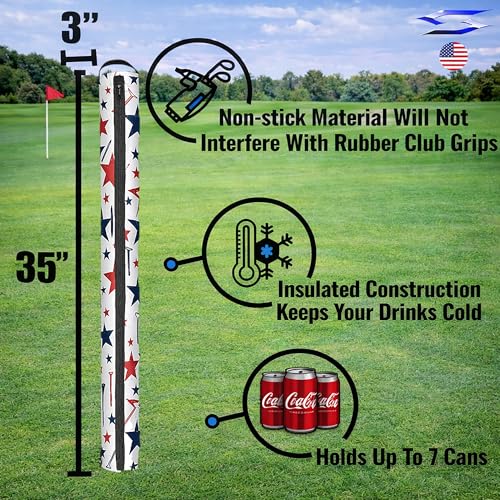Polar Caddy Insulated Golf Bag Cooler Sleeve – Discreet 7 Can Beverage Chiller Full Length Zipper Adjustable Shoulder Strap Hidden Golf Cooler Bag Fits Most Cart Standard Bags - color: RWB Golf Tees