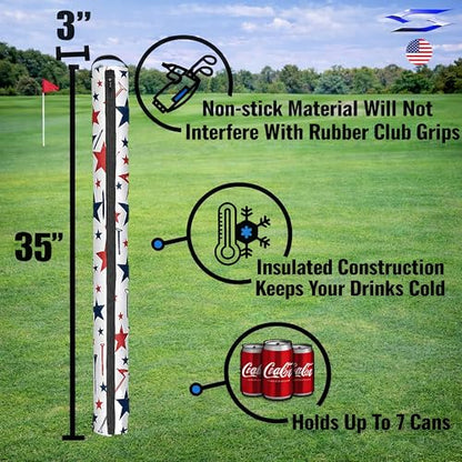 Polar Caddy Insulated Golf Bag Cooler Sleeve – Discreet 7 Can Beverage Chiller Full Length Zipper Adjustable Shoulder Strap Hidden Golf Cooler Bag Fits Most Cart Standard Bags - color: RWB Golf Tees