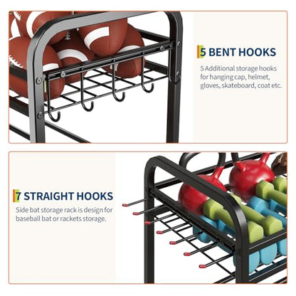 GarveeLife Garage Sports Equipment Organizer - Rolling Ball Storage Bin with Wheels, Garage Sports Gear Rack Outdoor Basketball Racks for Balls with Baseball Bat Holder and Hooks, Toy Organizer