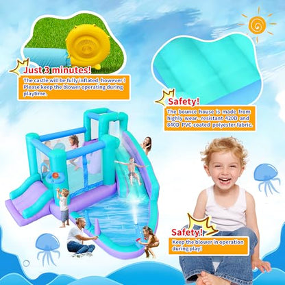 Inflatable Bounce House Water Slide, 141 x 138 x 78 Inches Blow Up Water Slides, Splash Pool, Basketball, Ring Toss Game, Target Balls, Water Cannon, Climbing Wall, Blower Included