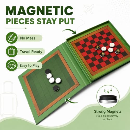 2-in-1 Checkers & Reversi Board Game | Magnetic Travel Games for Kids 8-12 | Plane Activities for Kids Ages 8-12 | Foldable Magnetic Checkers & Travel Activities - color: Reversi