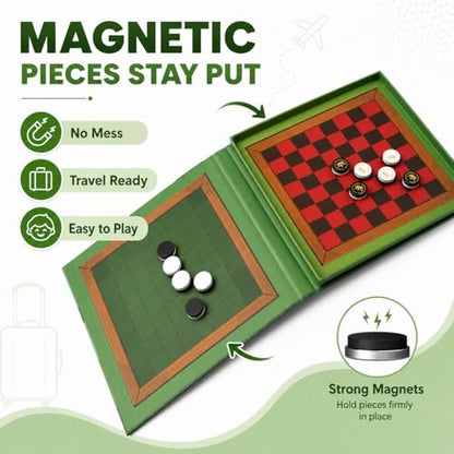 2-in-1 Checkers & Reversi Board Game | Magnetic Travel Games for Kids 8-12 | Plane Activities for Kids Ages 8-12 | Foldable Magnetic Checkers & Travel Activities - color: Reversi