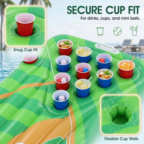 Baseball Pool Float & Inflatable beer Pong Table - 6ft Heavy Duty Reversible Ballpark Lounge for Adults, Complete Game Set for Pool Party, Lake & Backyard BBQ, Includes Balls, Cups, Pump, Stakes & Bag - color: Baseball