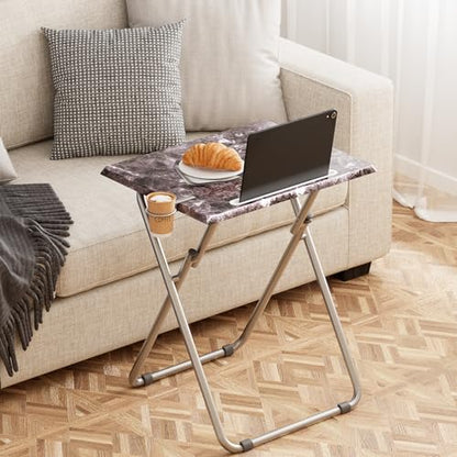 Folding TV Tray Table with Cup Holder, TV Dinner Table with Sturdy MDF Top, Eating Trays with Tablet Slot for Living Room, Bedroom, Sofa, 15 x 18.9 x 25.6 in (Black Marble, 2Pcs) - color: Black Marble, size: 2PCS
