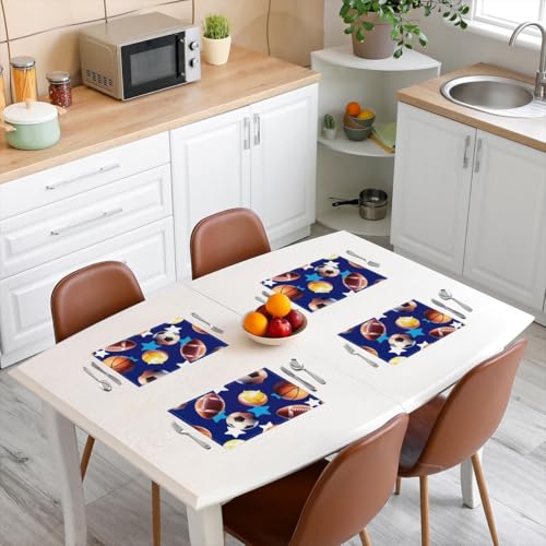 Erosebridal Ball Games Placemats Set of 4 12x18 Stars Sports Place Mat for Boys Men Soccer Baseball Basketball Volleyball Blue Heat Resisting Table Mats - color: Blue