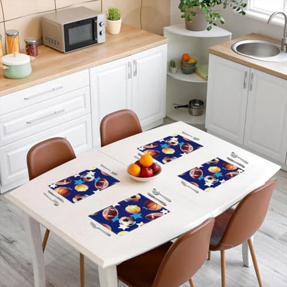 Erosebridal Ball Games Placemats Set of 4 12x18 Stars Sports Place Mat for Boys Men Soccer Baseball Basketball Volleyball Blue Heat Resisting Table Mats - color: Blue