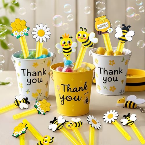 Winrayk Bee Party Favors, 24Pcs Bee Themed Mini Bubble Wands for Kids Bubbles Bulk with Detachable Topper (6 Styles & Colors), Birthday Gift Easter Goody Bag Stuffer Classroom Prizes Honey Party Favor - style: Bee