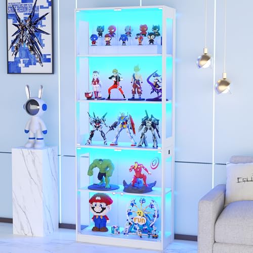 VOWNER 80'' Display Cabinet with Glass Door, 5-Tier Curio Cabinet for Collectibles Trophy, Glass Display Case with Human Body Sensor, 3 Color Lights, Bookcase Storage Cabinets for Living Room, Study - color: White, size: 5 Tiers
