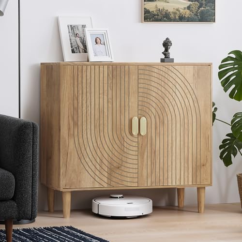 Smuxee Oak Sideboard Cabinet, Freestanding Buffet Cabinet with Line Groove Design, Wood Storage Cabinet with Adjustable Shelf for Living Room, Entryway, Hallway - color: Oak