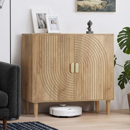 Smuxee Oak Sideboard Cabinet, Freestanding Buffet Cabinet with Line Groove Design, Wood Storage Cabinet with Adjustable Shelf for Living Room, Entryway, Hallway - color: Oak