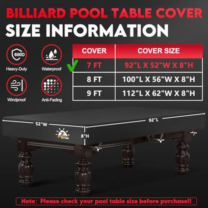 Zettum Pool Table Cover - 7/8/9 Feet Billiard Table Covers, 600D Waterproof & Heavy Duty Covers for Billiard Pool Table, Scratch-Proof UV Protection Snooker Furniture Table Cover - 7 Feet - size: 7FT - 92"L x 52"W x 8“H