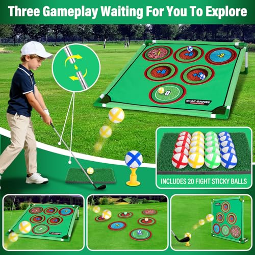 34 Pcs 3-in-1 Battle Golf Game Set with Stand & Club, Jumbo 32" x32“ Chipping Game Mat with 20 Sticky Balls, 6 Hole Covers, Indoor Outdoor Backyard Golf Game Kit, Ideal Gift for Family