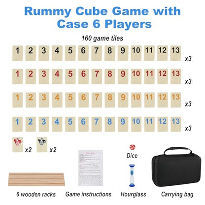 Rummy Cube Game 6 Players with 160 Rummy Tiles, 6 Wooden Racks, Rummy Travel Game Set with Zippered Case, Hourglass and Dice, Classic Family Board Game for Adults Kids