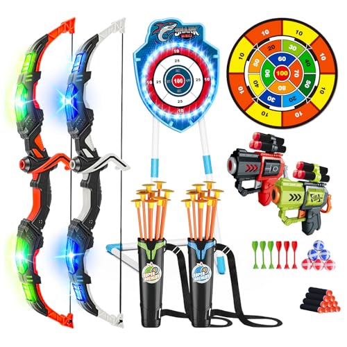 VATOS 2 Pack Bow and Arrow Toy with LED Light - 4 in 1 Archery & Dart Game Set with 20 Suction Cup Arrows, Shark Glow Target & Dart Board - Indoor/Outdoor Birthday Gift for Kids Boys Girls Ages 5-12 - color: Blue