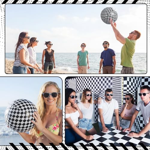 48 Pcs Checkered Beach Ball with Glasses Race Themed Party Favors Black and White Inflatable Beach Ball 10 Inch Race Car Birthday Decoration and Summer Pool Gifts Supplies - style: Checkered Flag