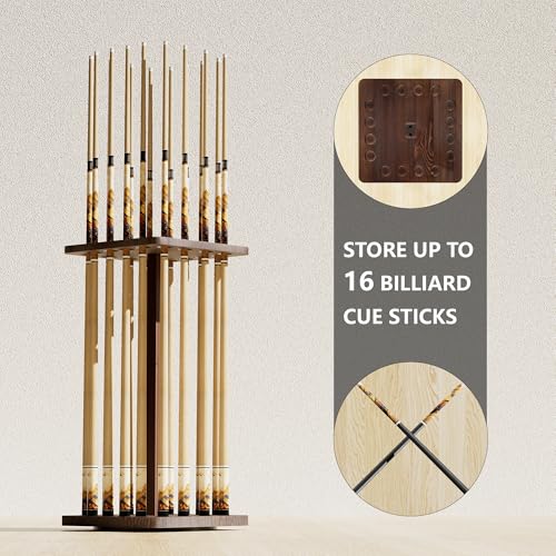 360° Rotating Natural Wood Pool Stick Holder, Floor Stand Billiard Cue Rack, Holds 16 Cues, Storage Organizer for Billiard Room, Easy to Install, Square Base, Billiard Equipment Gift for Men - size: Rotating 16-Rod