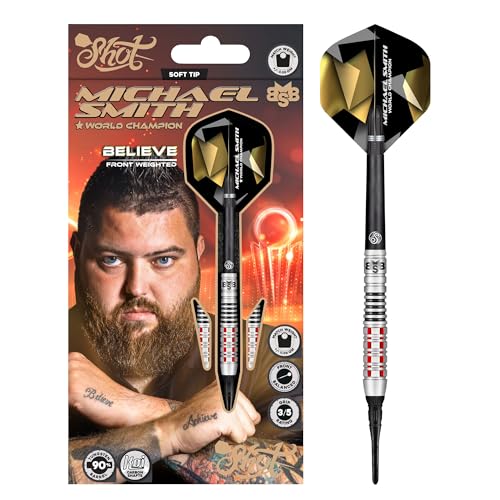 Shot! Darts Soft Tip, Michael Smith Believe (18g / 20g), 90% Tungsten Barrel, Front Weighted, Handcrafted Professional Dart Set & Flights Made in New Zealand, Plastic Tip for Electronic Dartboard