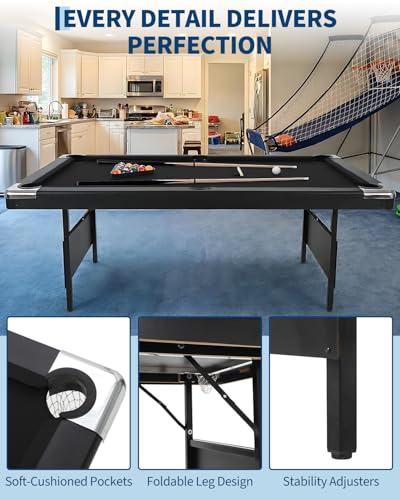 6/7 Foot Pool Table，Foldable Pool Table with Full Set of Balls, 2 Cue Sticks, Chalk & Felt Brush, Portable Billiards Table for Home, Family Game Room, Basement, Man Cave, Mesa De Billar