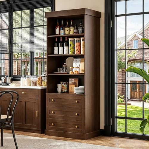 Vyre 71" Tall Farmhouse Bookshelves with Glass Doors and Drawers, Set of 2 – Large Modular Bookcase with Adjustable Shelves, Storage Cabinet for Living Room, Kitchen, Dark Brown - color: Dark Brown