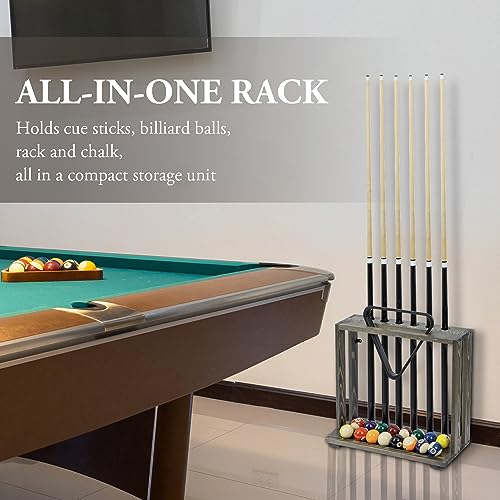 MyGift Rustic Burnt Solid Wood Freestanding Billiards Pool Cue Organizer with Ball Storage and Triangle Rack Slot