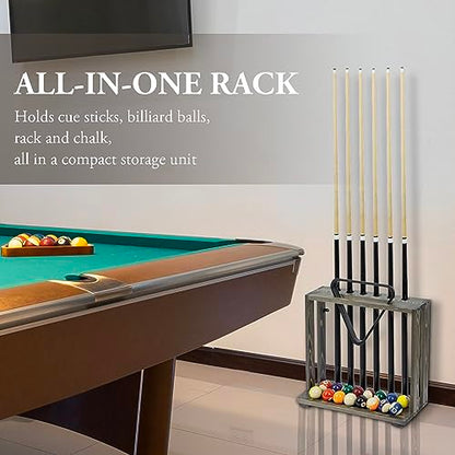 MyGift Rustic Burnt Solid Wood Freestanding Billiards Pool Cue Organizer with Ball Storage and Triangle Rack Slot