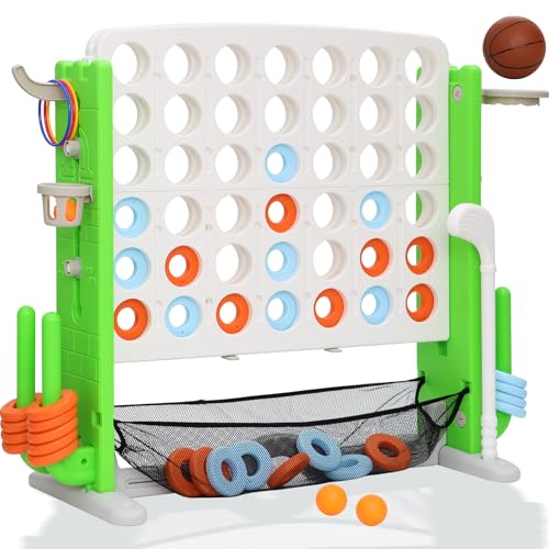 Giant 4 in A Row Game, Height Adjust Jumbo Yard Game Set for Kids & Adults with Mesh Catching Bag, Golf, Basketball Hoop & Ring Toss, 4-to-Score Connect Games for Indoor/Outdoor Fun - color: White Green