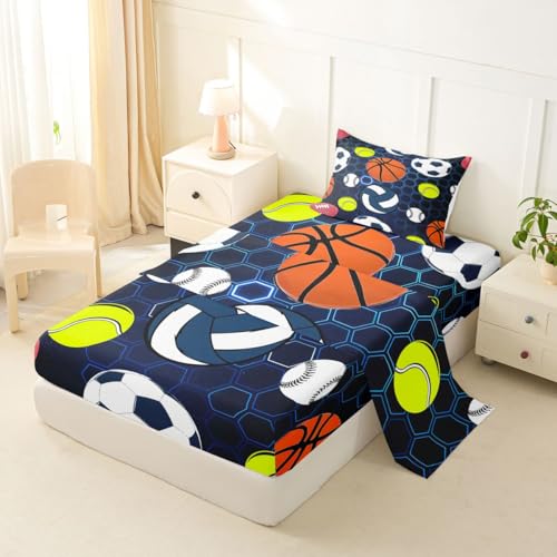 Erosebridal Kids Football Sheets, Soccer Baseball Bed Sheets Set for Boys Girls Teens Juvenile,Basketball Volleyball Softball Sheets Gradient Blue Hexagon Honeycomb Top Sheet,Twin Size - color: Multi 03, size: Twin