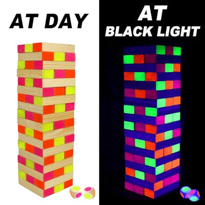 Ahuimeius 54 Piece Glow Tumble Tower Board Games, Glow in the Blacklight Tumble Tower, Indoor/Outdoor Board Game for Adults for Family Game Night