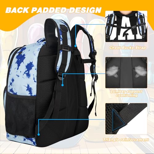 Goloni 2 Ball Bowling Backpack,Bowling Ball Bag with Shoe Compartment & Portective Foam Padded, Fits Shoes Up to US Size 16 - color: Blue Tie Dye