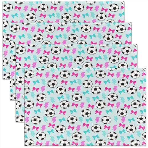Soccer Kids Placemats Set of 4,Football Ball Sport Game Competition Table Place Mats,Bowknot Bow Tie Geometric Kitchen Decor,Pink Blue Placemat Kitchen Table Decoration 12"x18" - color: Pink Blue