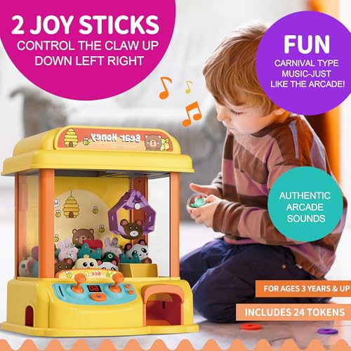 Kids Claw Machine - Toy Vending Machine for Kids with Plush Prizes, Lights & Sound, Electronic Claw Game Machine for Boys & Girls, Arcade Prize Dispenser for Party & Birthday Gifts - style: Honey Bear