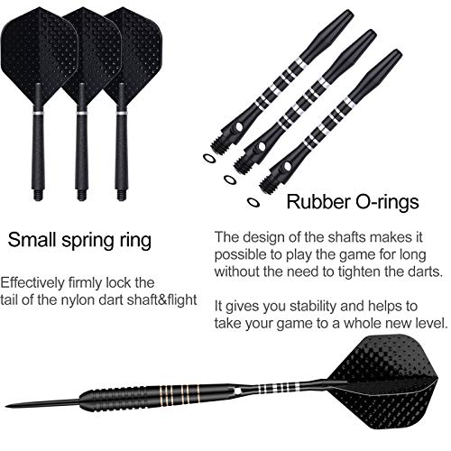 Steel Tip Darts Set for Dartboard, Professional Brass Darts Metal Tip Black Purple Aluminium Nylon Shafts 9 Flights 50 Rubber O-Rings 12 Spring Rings 1 Dart Sharpener Tool 24/27 Grams - color: 23g Black