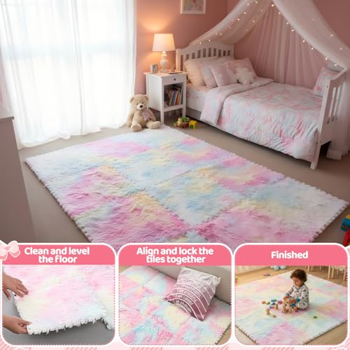 16 Pcs Pastel Faux Fur Floor Tiles, 11.8 x 11.8 in Puzzle Girls Play Soft Tiles, 1.5 Inch Shaggy Square, EVA Foam Floor Mat for Nursery, Playroom, Bedroom, Toddler Room, Daycare - color: Pastel