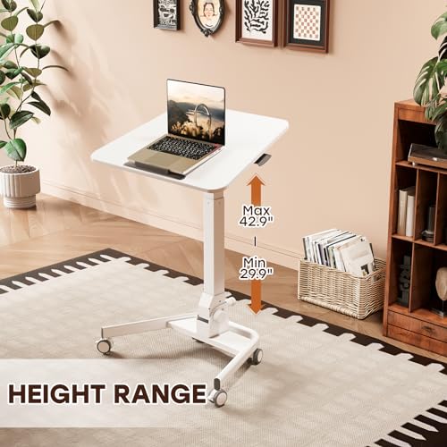 Foldable Mobile Standing Desk, 90 Tiltable Rolling Standing Desk, Height Adjustable Portable Laptop Workstation for Home Office, Easy to Fold, White - color: White