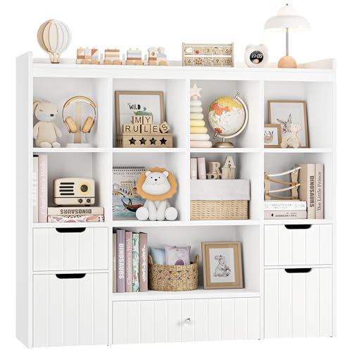 HORSTORS 48"W Kids Toy Storage Organizer, Large Toy Storage Chest with Removable Bins, 46"H Kids Bookshelf and Bookcase with Drawers for Boys and Girls, Modern Toy Box for Playroom, Classroom, White - color: White
