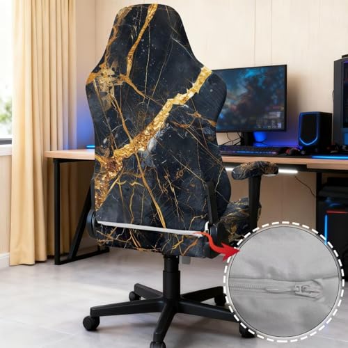 Black Gold Marble Texture Print 4 Pieces Gaming Chair Covers for Cats Breathable Rotating Gaming Chair Protector Computer Chair Seat Slipcovers with Armrest Covers - color: Black Gold Marble Texture