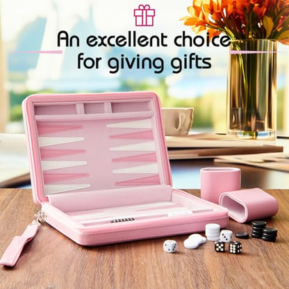 Jerify Travel Backgammon Set Board Games for Adults Portable Backgammon 9.4 x 7.1 inches Leatherette Case Classic Strategy Game for Families Companion Airplane, Camping(Pink) - color: Pink