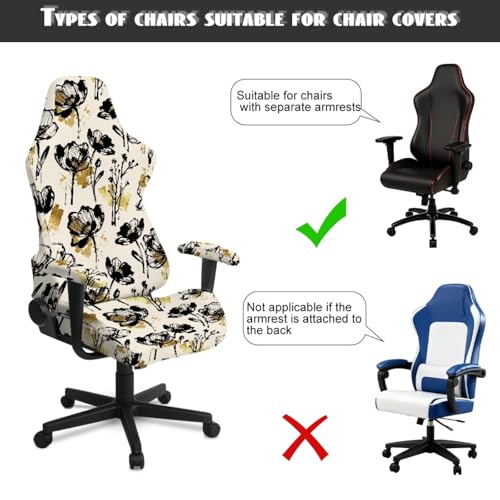 Flower Print Gaming Chair Cover Set of 4 Dust-Proof Stretchy Computer Office Chair Cover with Armrest Covers Home Decorations - color: Brown and Black - Flower