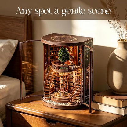 Book Nook Kit, 3D Wooden Puzzles for Adults, DIY Miniature House Kit for Adults, Booknook with LED Light, Gifts for Family, Friends and Book Lovers, Bookshelf Decor(Wisdom Rings)