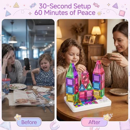 Magnetic Tiles for Kids Travel: 40pcs Portable Mini Building Toy - 30-Sec Iron Case Opens Into 10.6-Inch Play Board - STEM Gift for Toddlers Ages 3-6 - Airplane Road Trip Restaurant - style: 40PCS Purple