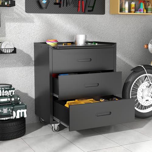 Metal Storage Cabinet with Wheels, Garage Storage Cabinet with 3 Drawers, Rolling Tool Cabinet, Assembly Required, Black - color: Black, style: 3 Drawers