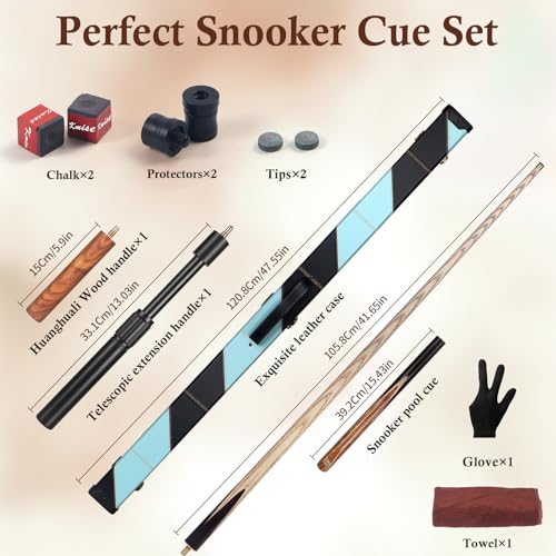 Kmise 3/4 Split Snooker Pool Cue, Handcraft, 4-Face Spliced Professional Snooker Pool Stick, Pool Sticks for Adults, with 2 Extension Cues, Complete Cue Set（18oz）