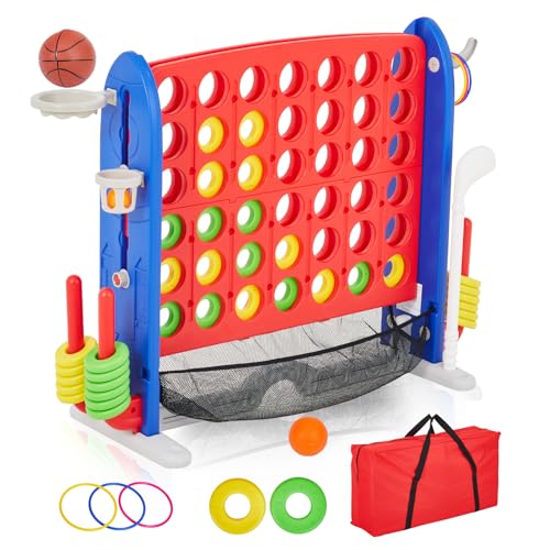 Giant 4-in-a-Row Game Set, Whale Design 4-in-1 with Basketball Hoop, Golf, Ring Toss, 42 Jumbo Rings, Adjustable Height, Quick-Release Catch Net - Outdoor Play for Kids & Adults